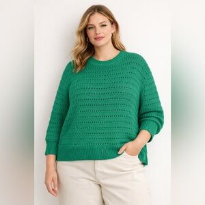 J.Crew Balloon Sleeve Pointelle Green Sweater Cotton Size 2X EUC Lightweight